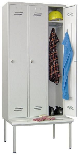 Pavoy Kleiderschrank mit Sitzbank 2150/500/900, 3 Abteile, Zylinderschloss, Abteilbreite 300, PVC-Leisten, 60212-313-031-910