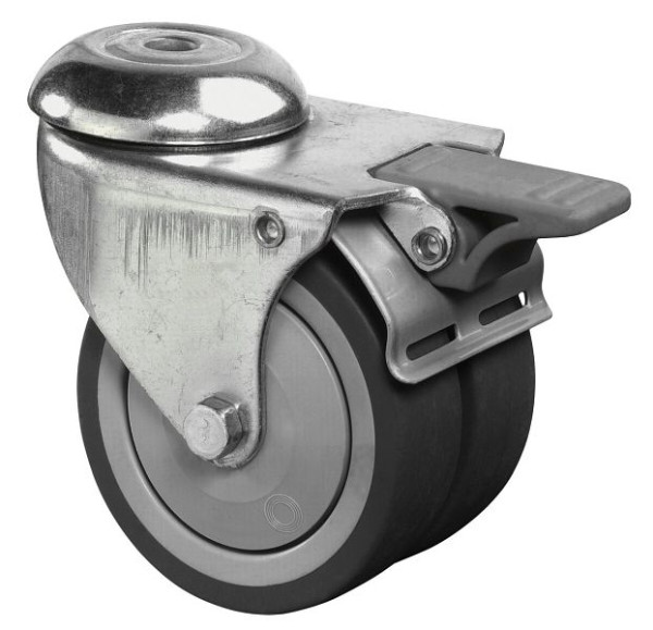 BS rollenapparaat dubbele rol met rem, breedte 2x24 mm, Ø75 mm, tot 80 kg, grijs rubberen loopvlak, kogellager, verpakking van 2, B121.A85.075