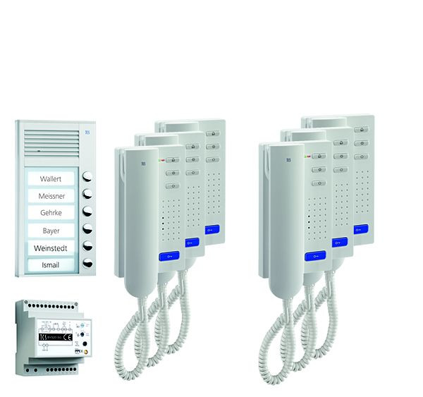 TCS deurbediening audio: pack AP voor 6 wooneenheden, met buitenpost PAK 6 belknoppen, 6x deurtelefoon ISH3030, bedieningseenheid BVS20, PPA06-EN / 02