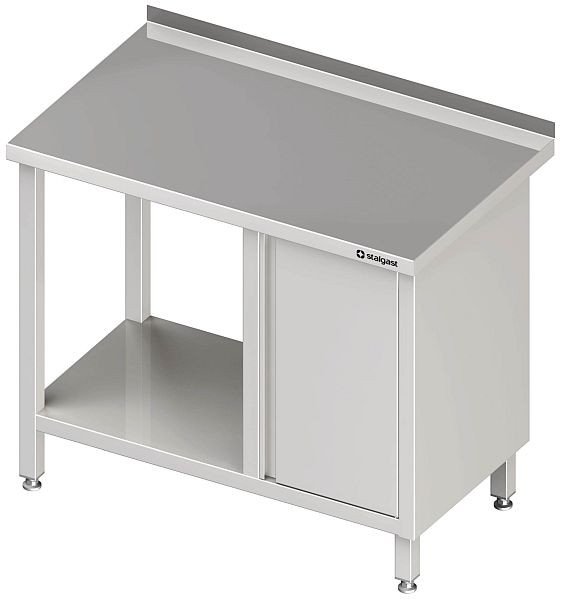 Stalgast werktafel, hoogte 850 mm, met onderstel, met draaideurkast, met opstaande rand, gelast