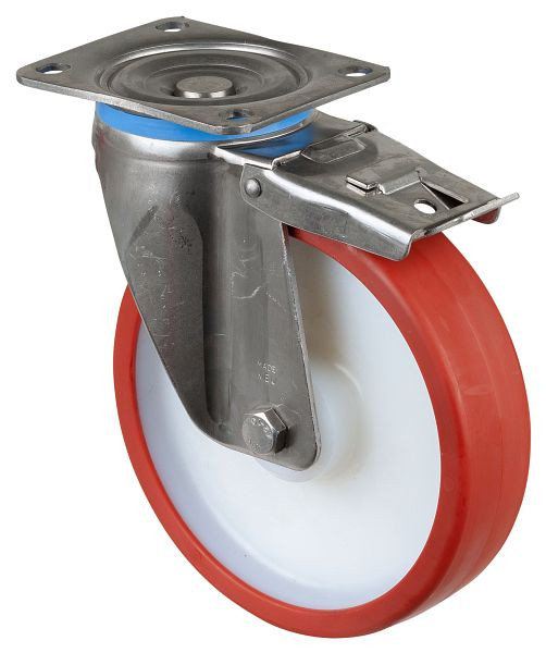 BS rollen RVS zwaarlastwiel zwenkwiel, RVS, met rem, glijlager rood polyurethaan wiel, schroefplaat 200 mm, HS120.B27.201
