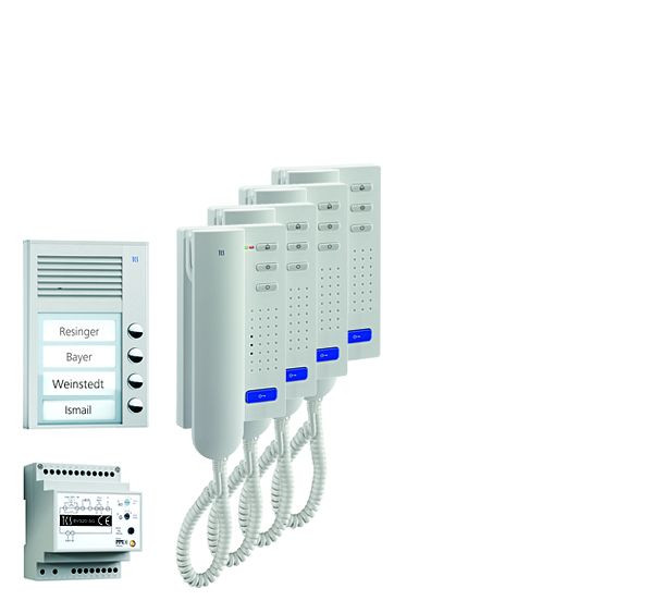 TCS deurbediening audio: pack AP voor 4 wooneenheden, met buitenpost PAK 4 belknoppen, 4x deurtelefoon ISH3030, bedieningseenheid BVS20, PPA04-EN / 02