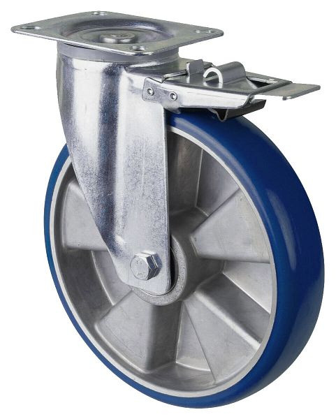 BS Rollen transportwiel zwenkwiel met rem, polyurethaan wiel 83 Shore aluminium velg, kogellager, plaat, diameter: 250 mm, L420.B92.250