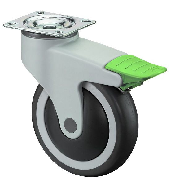 BS-rollen Kunststofrol met richting/vergrendeling, B32 mm, Ø125 mm, tot 100 kg, grijs rubberen oppervlak, kunststof behuizing, kogellager, C130.A82.125