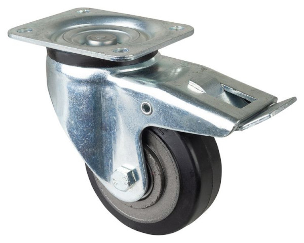 BS Rolls Zwaarlastwiel met rem, breedte 50 mm, Ø125 mm, tot 275 kg, zwarte elastische banden, gegoten velg, kogellagers, L620.B81.125