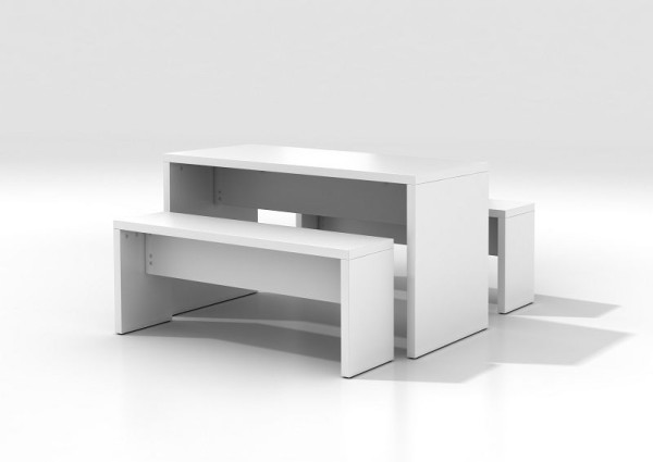 Hammerbacher bistrotafelset + 2 bistrobanken wit, bijzonder lichte spaanplaat, 38 mm dik, VMPSET1/W