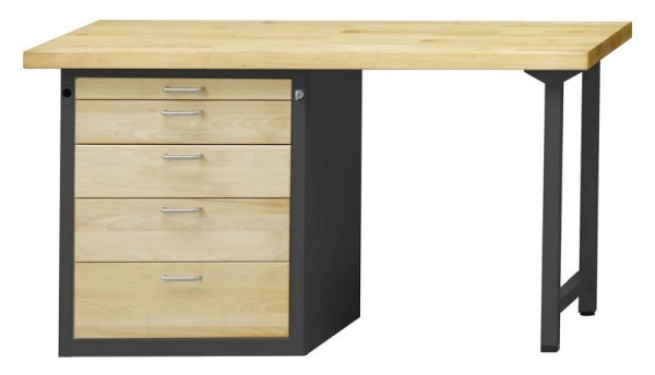 ANKE combinatie werkbank; 1500x700mm; Beuk massieve plaat; Op de linker onderkast 660x615 mm, 5 laden 60, 120, 150, 180, 210 mm