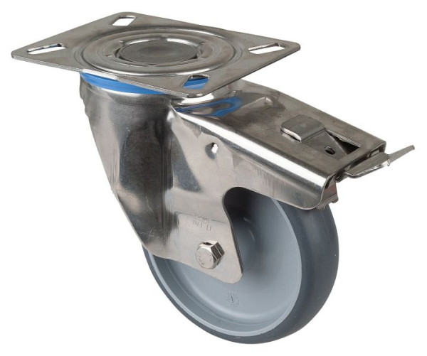 BS rollen RVS transportrol met rem, B35 mm, Ø125 mm, tot 125 kg, thermoplast grijze banden, glijlager, plaat, H120.B43.126