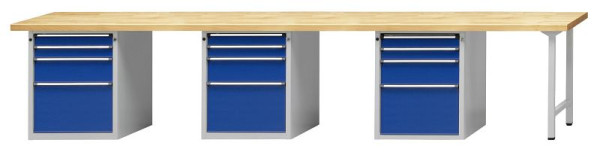 ANKE combinatie werkbank; 3 werkplekken; 4050x700mm; 3x onderkast 660x615 mm, 4 laden 90, 90, 180, 360 mm
