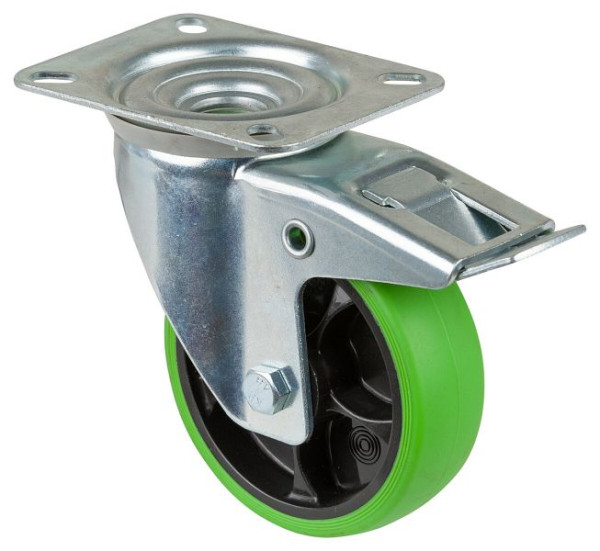 BS rollen transportwiel zwenkwiel met rem, thermoplastisch rubberen wiel, groene band, rollager, plaat, 100 mm, VE = 4 stuks, L420.B44.101.04