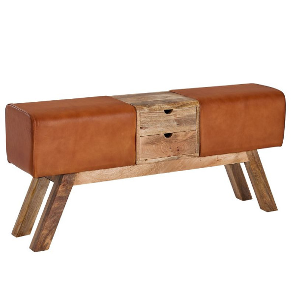 Wohnling Design gymnastiekbank bruin met lades 120x56x30 cm, gymnastiekkrukbank van echt leer met opbergruimte, WL6.481