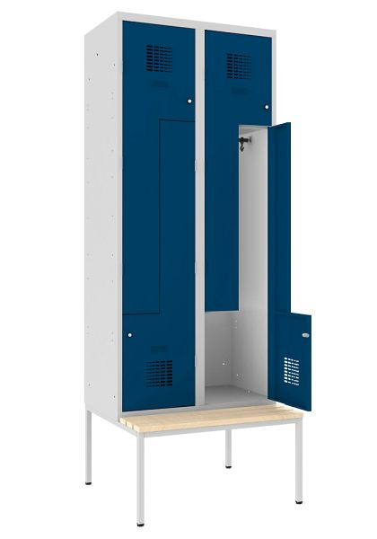 KEMMLIT Z-locker met 2 vakken en 4 deuren 40cm met bank, gentiaanblauw 5010, draaibare sluiting, 252154