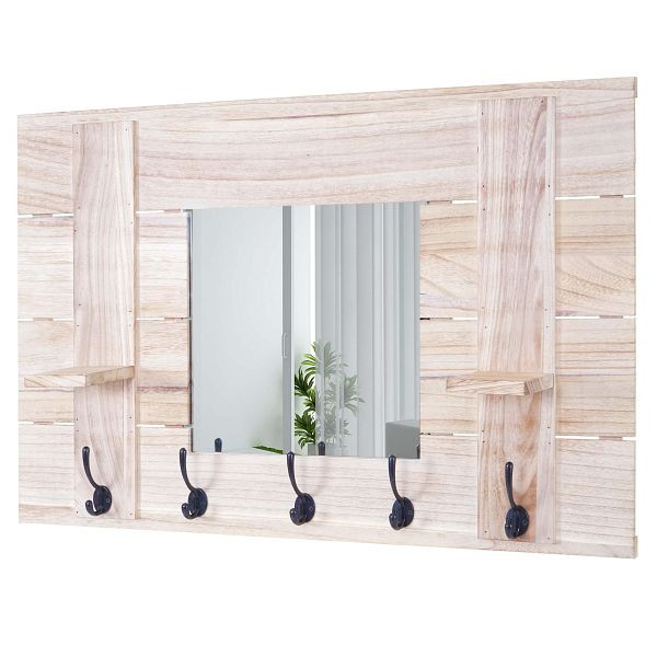 Mendler wandkledingkast HWC-C89 met spiegel, garderobepaneel, vintage shabby look, 5 haken 90x60cm, naturel bruin, 61936