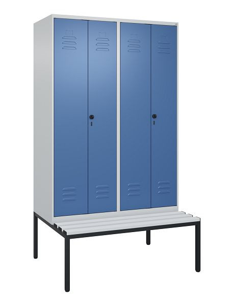 C+P luierkluis Classic PLUS, dubbele locker, 4 vakken, 2120x1200x815mm, 7035/5023, draaigrendel, met bank eronder, 0800527-40P S10035