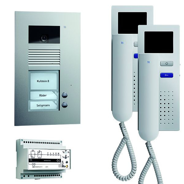 TCS deurbediening video: pack AP voor 2 wooneenheden, met voordeurstation AVU 2 belknoppen, 2x videodeurtelefoon IVH3222, bediening, PVU1620-0010