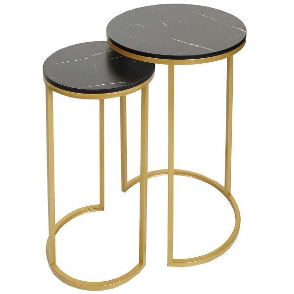 Mendler set van 2 bijzettafels HWC-K46, salontafel nachtkastje loungetafel, marmerlook MDF, zwart-goud, 94403