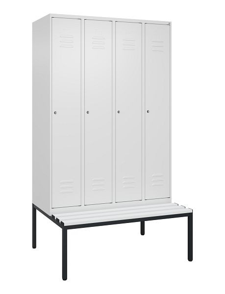 C+P Umkleidespind Classic PLUS, mit untergebauter Sitzbank, 4 Abteile, 2120x1200x815mm, 9016/9016, Zylinderschlösser, 0800507-40 S10029