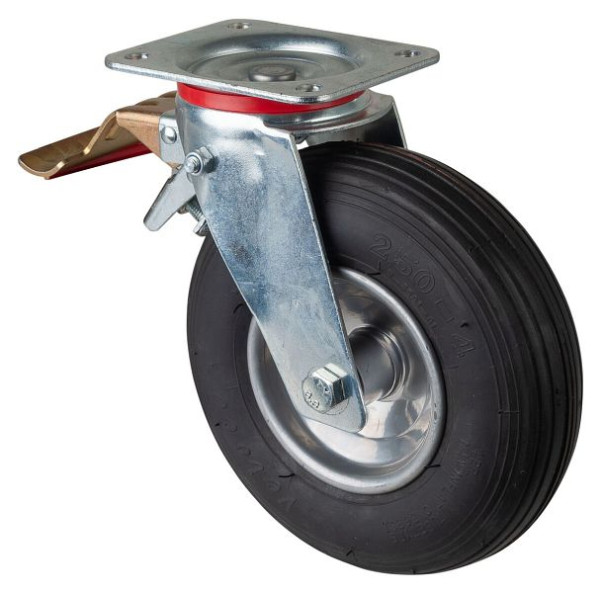 BS rollen transportrol met rem, breedte 65 mm, Ø230 mm, tot 130 kg, luchtwiel rubber zwart, wiellichaam stalen velg, rollager, L420.C90.230