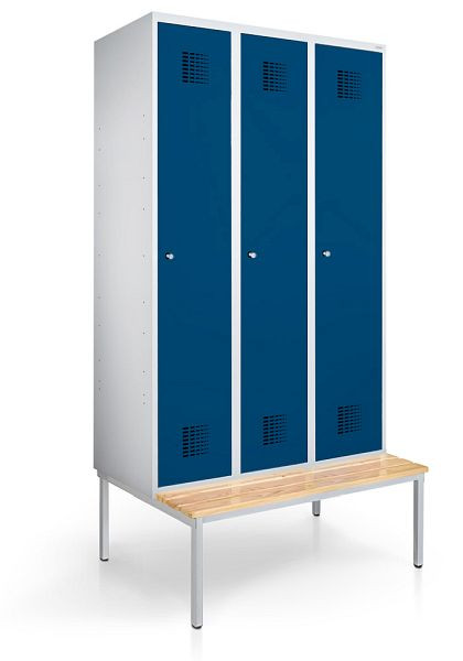 KEMMLIT lockerkast met 3 vakken 40cm met bank, gentiaanblauw 5010, draaibare sluiting, 100084