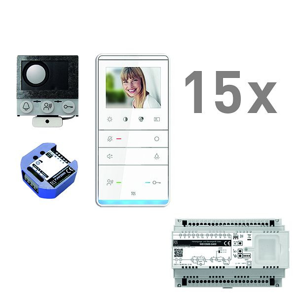 TCS video inbouw mailbox, 15 woonunits, ingebouwde luidspreker ASI12000 + 15x handsfree speaker IVW5111, besturingsapparaat + video tweedraads zender, PVIF150/001