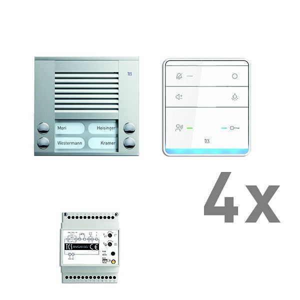 TCS deurbediening audio: pack AP voor 4 wooneenheden, met buitenpost PES 4 belknoppen, 4x handsfree luidspreker ISW5010, bedieningseenheid BVS20, PAAF042 / 003