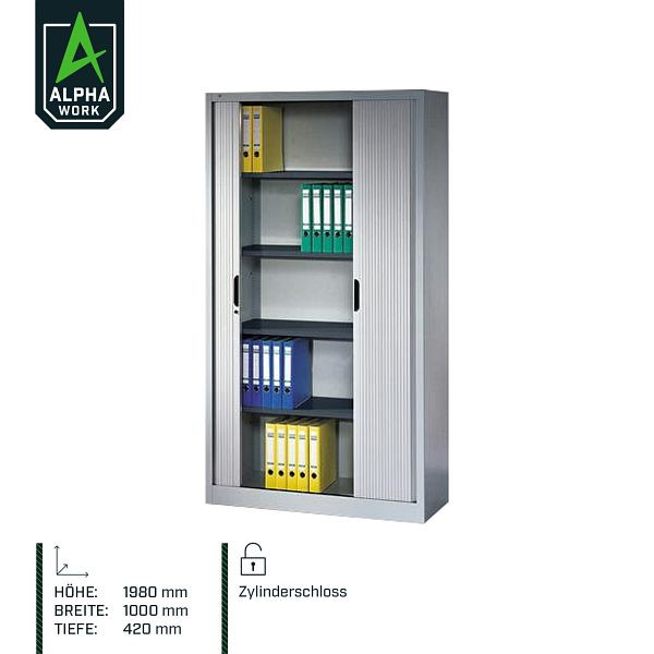 Alpha Work archiefkast met rolluik, 1000 x 1980 x 420 mm, 5 ordnerhoogtes, lichtgrijs, 00115