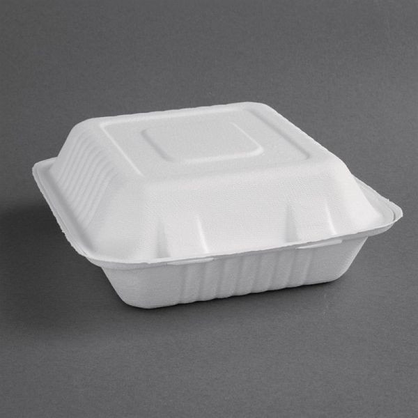 Fiesta composteerbare composteerbare bagasse-menuboxen met scharnierdeksel 22,3 cm (200 stuks), FC525