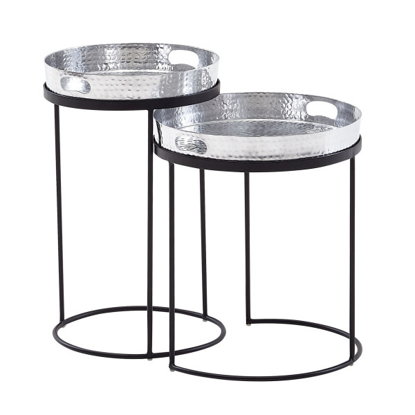 Wohnling bijzettafels set van 2 zilver/zwart metaal gehamerde ronde tafels, salontafel uitneembaar blad, WL6.460