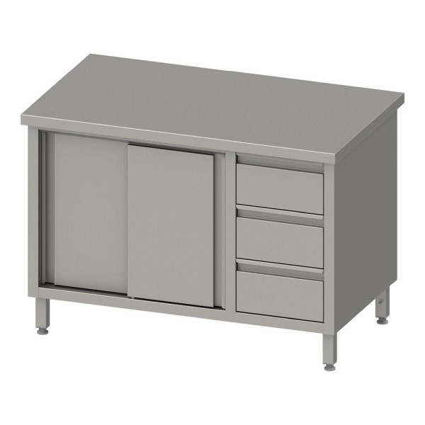 Stalgast werkkast met schuifdeuren 2000x700x850mm, met 3 ladeblok rechts, zonder opstand, gelast, VAS20706R