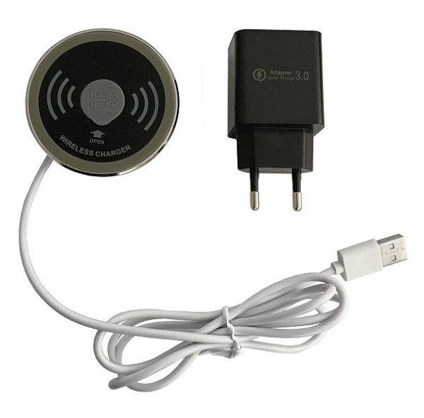 Hammerbacher QI oplader ELQI10, inductief voor Qi-compatibele apparaten, geborsteld zilver, ingang: DC 5V/2A, uitgang: DC 5V/1A, stekker 230V, kabel 1,5 m, VELQI11