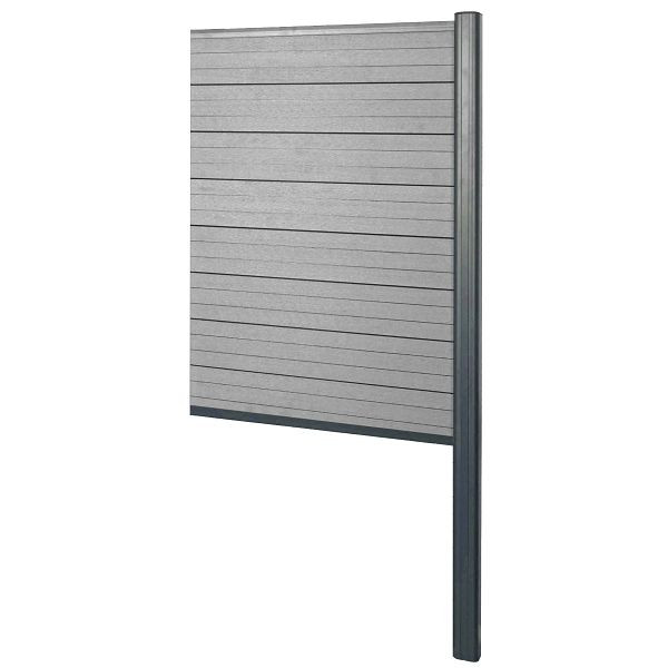 Mendler WPC inkijkbescherming Sarthe, schutting windbescherming, aluminium paal voor in beton, aanbouwelement smal, 95cm grijs, 64888+76237+76240+76264