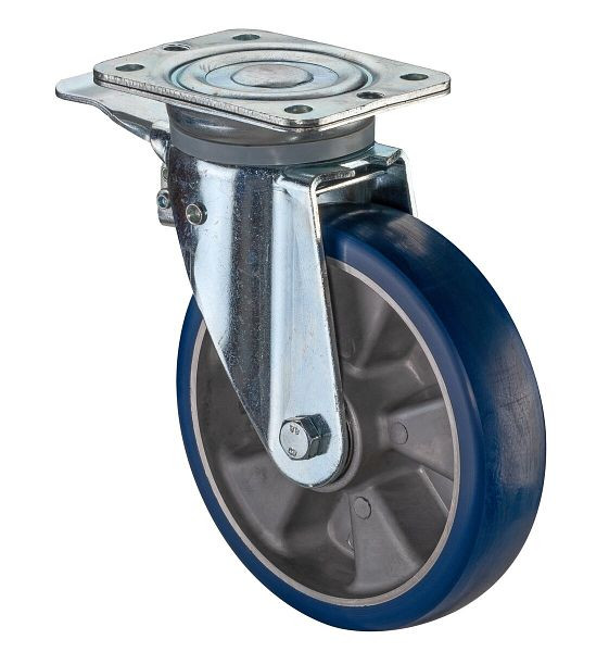 BS Rollen zwaarlastwiel zwenkwiel met rem, polyurethaan wiel 83 Shore, aluminium velg, kogellager, plaat, diameter: 200 mm, N120.B92.200