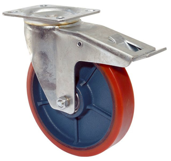 BS rollen transportrol met rem, breedte 50 mm, Ø200 mm, tot 300 kg, gegoten polyurethaan 95 Shore A, gegoten wiellichaam, kogellager, L420.C10.200