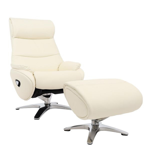 Mendler relaxfauteuil met kruk HWC-K98, tv-fauteuil fauteuil, ligfunctie draaibaar, metaal echt leer/kunstleer, crèmewit, 98335