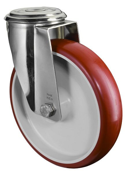BS rollen RVS transportrol, breedte 45 mm, Ø200 mm, tot 200 kg, loopvlak polyurethaan rood, wiellichaam kunststof, glijlager, H101.B26.200