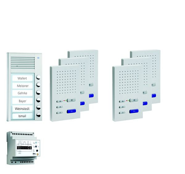 TCS deurbediening audio: pack AP voor 6 woonunits, met buitenstation PAK 6 belknoppen, 6x handsfree luidspreker ISW3030, bedieningsunit BVS20, PPAF06-EN/02