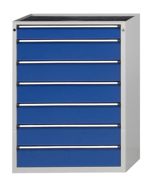 ANKE ladekast; 915 x 700 x 1320 mm; RAL 7035/5010; Massief beuken blad 40 mm; 7 laden 120, 180, 180, 180, 180, 180, 180 mm, 610.301