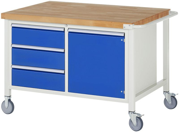 RAU verrijdbare werkbank serie 8000, dubbele bodemcontainer (3x lade, 1x draaideur), 1250x880x900 mm, 05-8468A2-129B4S.11