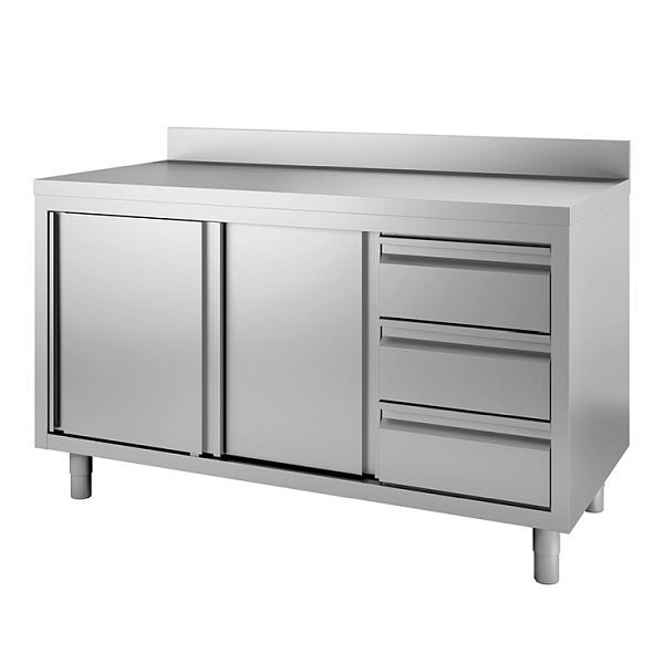 Gastro-Inox RVS werkkast met draaideuren, 3 laden en opstaande rand, 1200 x 600 x 880 mm, 302.322