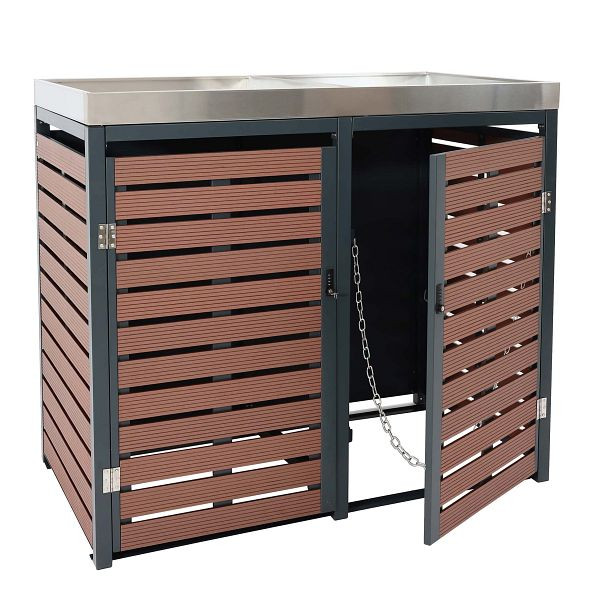 Mendler HWC-K14 2-zits vuilnisbak bekleding, vuilnisbak met plantenbak, 112x63x78cm WPC RVS 79kg, notenhout look, 87623 + 87622