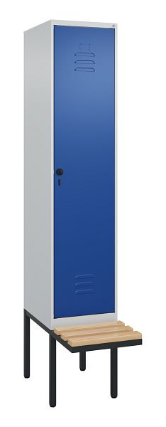 C+P Umkleidespind Classic PLUS, 2120x400x815mm, 7035/5010, Drehriegel, Buche-Sitzleisten, je 2 Doppel-Haken, 0800407-12F S10003