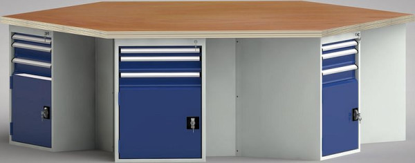KLW standaard werkbank in zeshoekige vorm met beuken multiplex blad in zeshoekige vorm 2338 x 2700 x 40 mm L x B x S, WS620N-1350M40-E8002