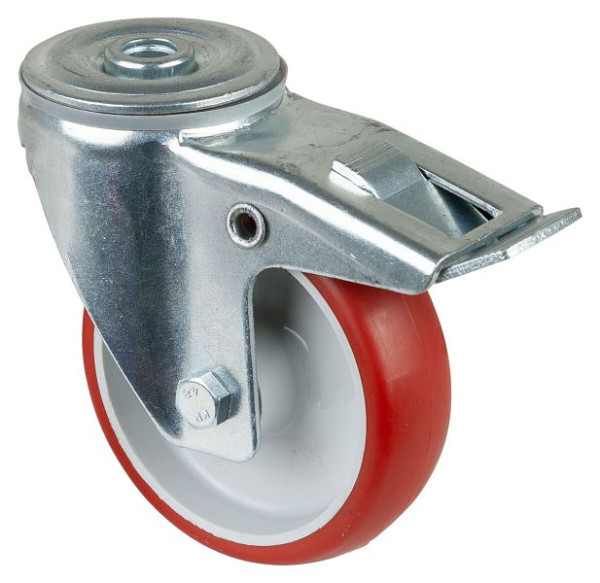 BS-rollen transportrol met rem, breedte 30 mm, Ø100 mm, tot 125 kg, rood polyurethaan loopvlak, rollager, VE 2 stuks, L121.B31.100