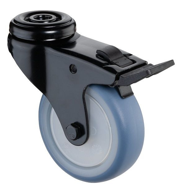 BS Castors Zwenkwiel met zwarte rem, thermoplastisch rubberen wiel lichtblauw, kogellager, achtergat, diameter: 75 mm, VE = 4 stuks, A821.A85.075.05