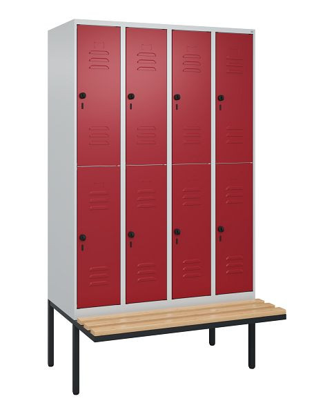 C+P Doppelstöckiger Spind Classic PLUS, 4 Abteile, 2120x1200x815mm, 7035/3003, Drehriegel, Sitzleisten aus Buche, schwebende Sitzfläche, 0803407-40 S10001