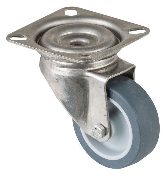 BS rollen RVS apparaatrol, breedte 18 mm, Ø50 mm, tot 40 kg, grijs rubberen loopvlak, plaat, glijlager, VE 4 stuks, G100.A80.051