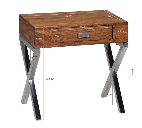 Wohnling nachtkastje GUNA massief hout sheesham & nachtkastje 45 cm 1 lade met metalen poten, WL1.367