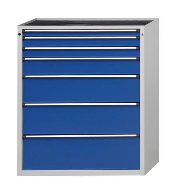 ANKE gereedschapskast; 1065 x 700 x 1320 mm; RAL 7035/5010; Massief beuken blad 40 mm; 7 laden 60, 90, 90, 150, 240, 270, 300 mm, 610.509