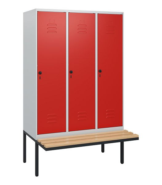C+P Umkleidespind Classic PLUS, 3 Abteile, 1950x1200x815mm, 7035/3020, Drehriegel, Buche-Sitzleisten, 0800405-32 S10002