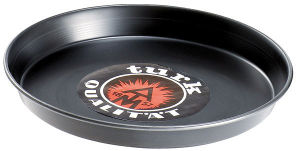 APS pizzapan, Ø 26 cm boven, 24,3 cm onder, blauw blik, niet gecoat, hoogte 2,5 cm, materiaaldikte ca. 1 mm, 73506